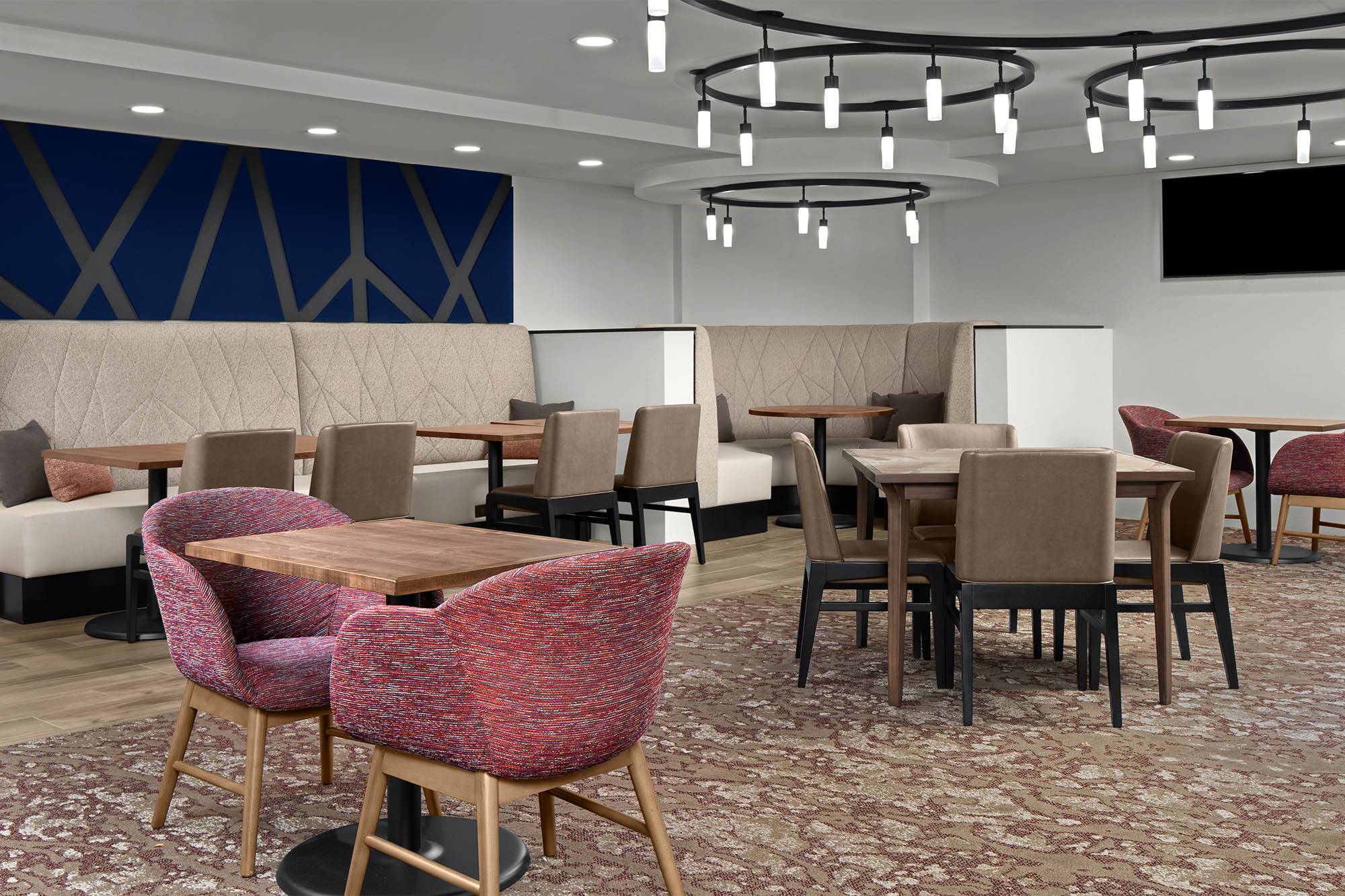 a room with tables and chairs