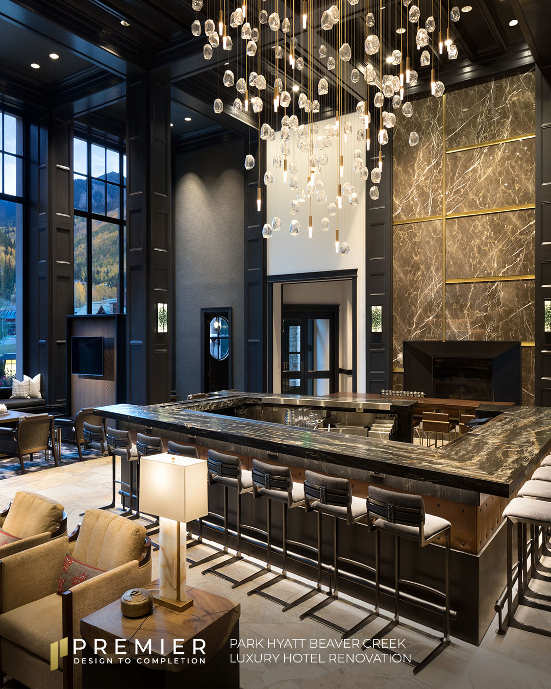 The redesigned lobby bar at the Park Hyatt Beaver Creek, a luxury hotel renovation by Premier