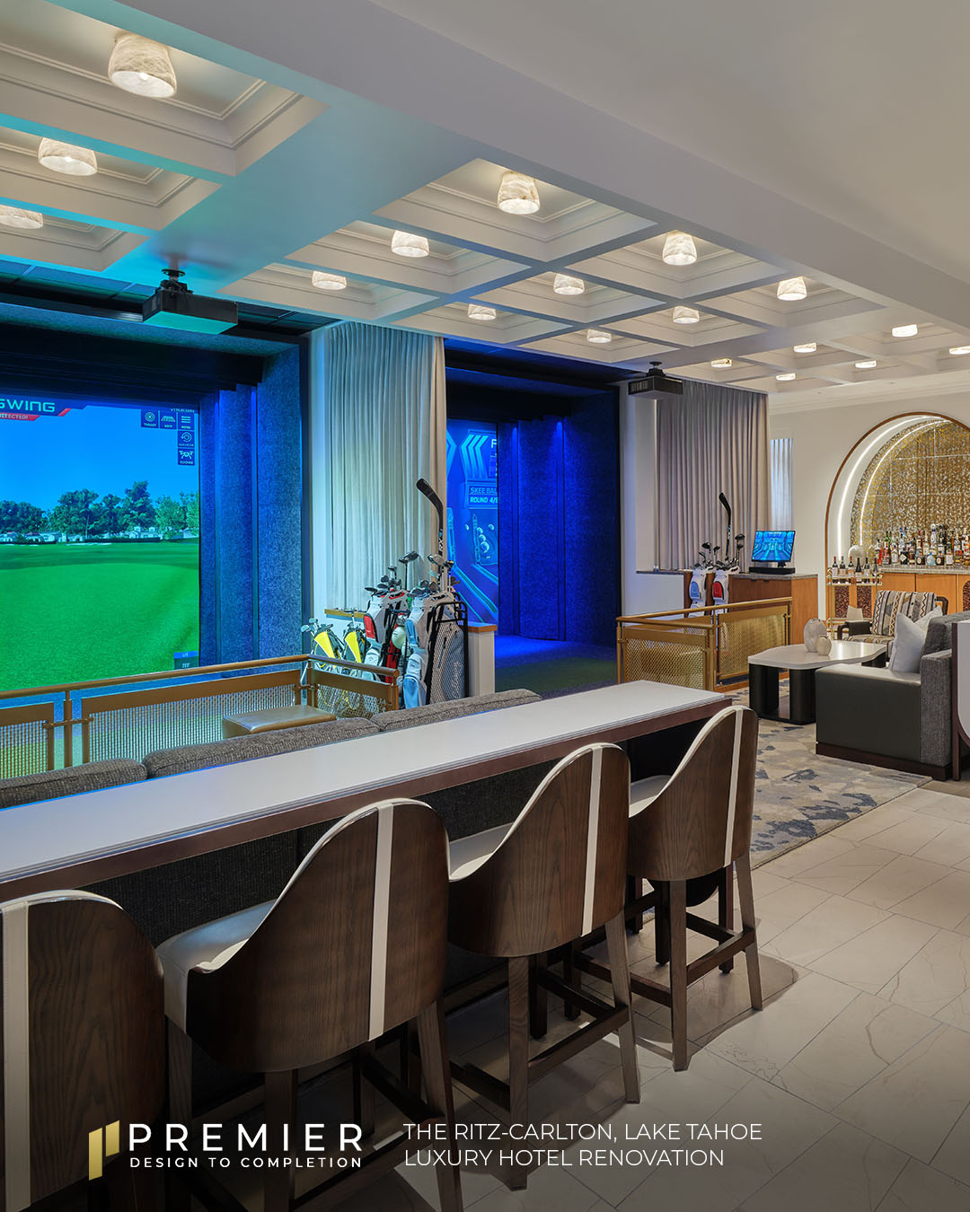 The new Top Golf Swing Suites at The Ritz-Carlton, Lake Tahoe, a luxury hotel renovation by Premier